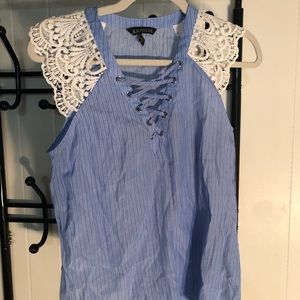 Express blue blouse with white lace sleeves